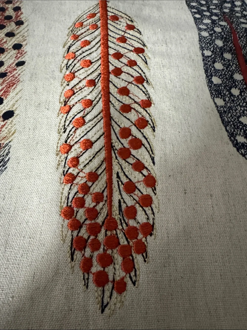 Embroidered Feather Placemats - Cream with Orange & Navy